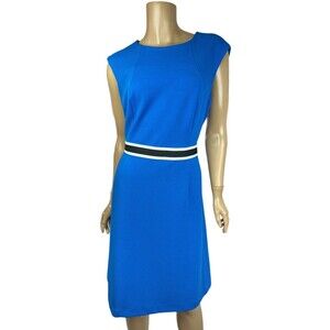 Nine West Dress Size 12 Cap Sleeve Blue w Black & White Waist Polyester/Elastane